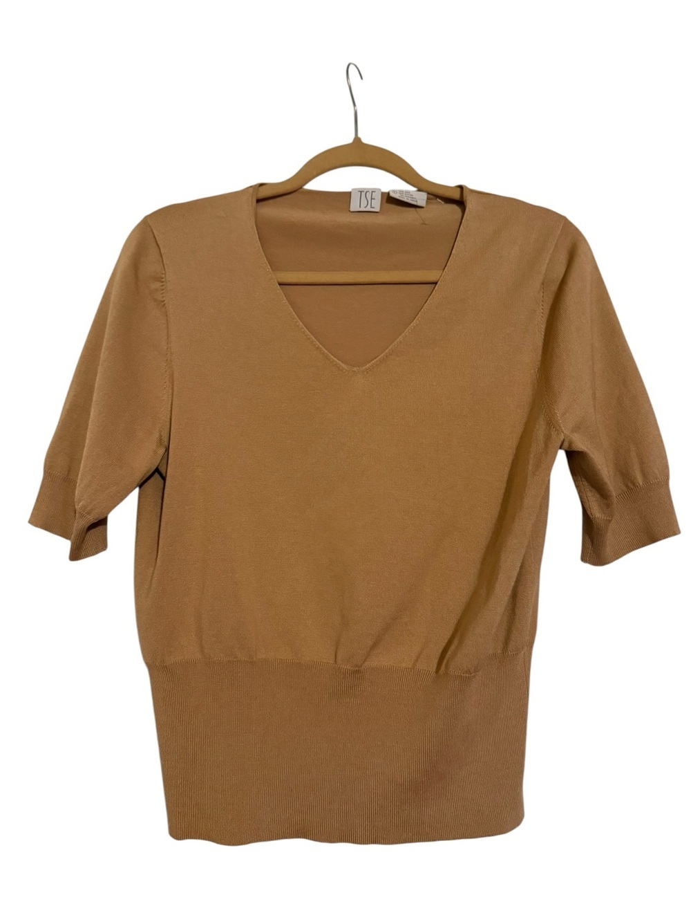 TSE Silk Knit V Neck Short Sleeve Sweater Camel Size Large 76% Silk